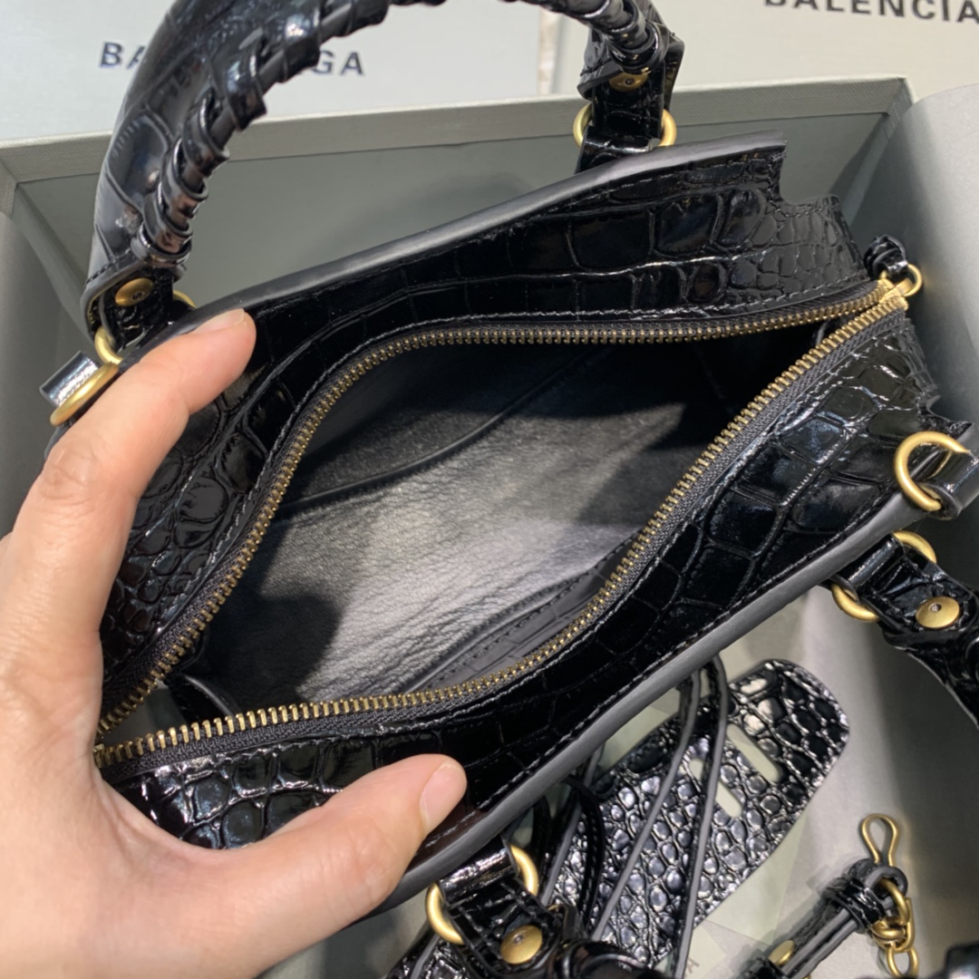 Balenciaga Neo Classic Mini Handbag Crocodile Embossed Shoulder Bag Black/Gold